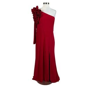 XSCAPE Women's Formal Dress Size 12P Red One Shoulder Long Sleeve Evening Gown